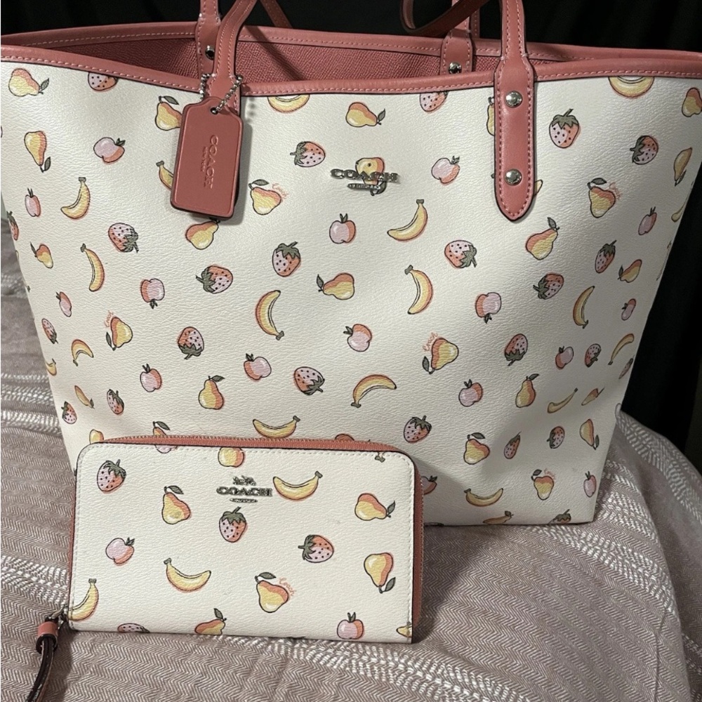 Coach Cream and Pink Tote Bag with Fruit Design